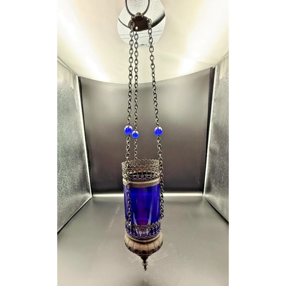 Hanging Metal Orthodox Sanctuary Vigil Lamp Candle Holder Cobalt Blue Ornate